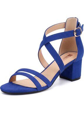 Women's Royal Blue Suede Comfortable Open Ankle Strap Low Chunky Heeled Sandals